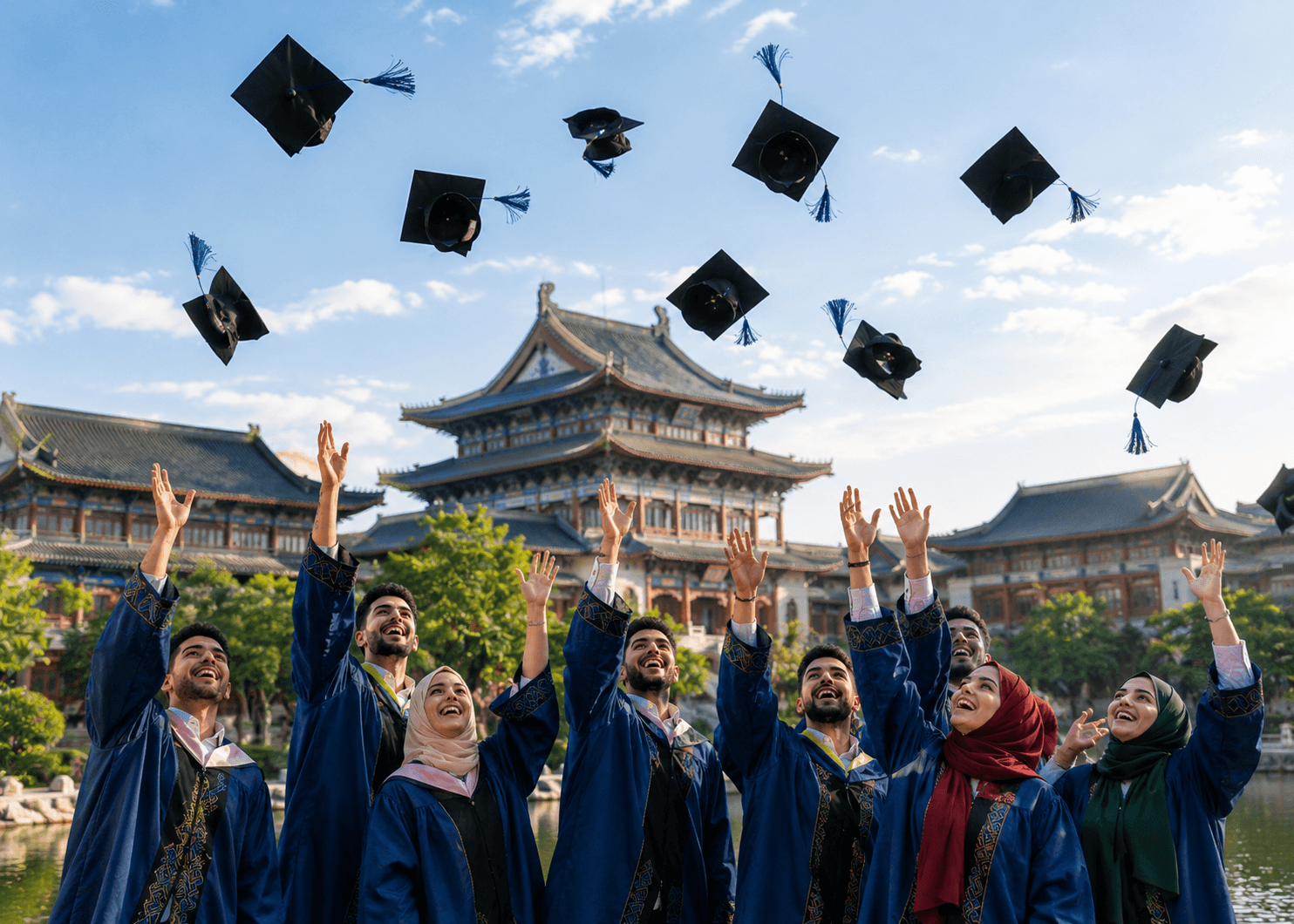 Moroccan graduates celebrating at a Chinese university campus